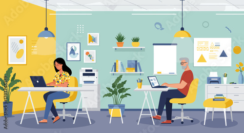 Illustration of two individuals working remotely at their desks in modern office, concept for digital workspace, remote work solutions and business communication visuals