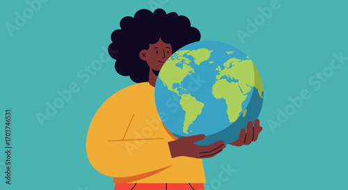 Illustration of a dark-skinned woman holding a globe on a blue background. Concept for environmental awareness, global communication and sustainable development