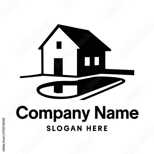 Modern Minimalist House & Pool Logo Design: Elegant Black & White Icon Featuring a Home Reflected in Serene Water. Perfect for Real Estate, Architecture, Property Management, Luxury Homes, or Resort B