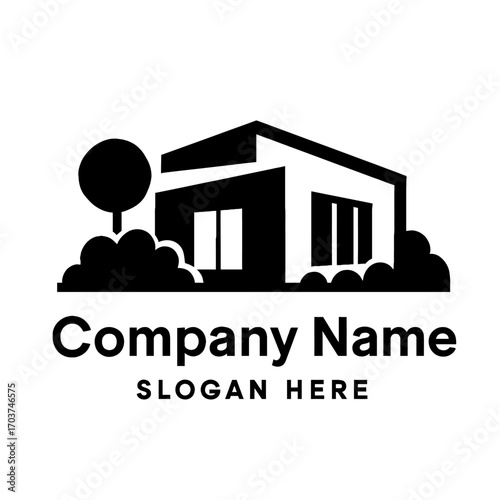 Modern minimalist house logo with a tree & bushes. Ideal for real estate, construction, architecture, green building companies. Represents sustainable living, modern design, professional brand identit
