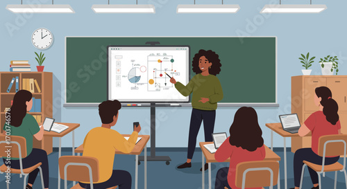 Female teacher presenting data on interactive whiteboard in classroom filled with students using laptop, concept for education technology, online learning and academic presentation