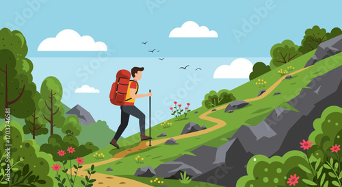 A man with a backpack is hiking up a mountain trail surrounded by greenery, under a blue sky with scattered clouds, concept for outdoor adventure, ecotourism promotion and healthy lifestyle