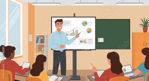 Illustration of a teacher giving a lecture to students using a digital whiteboard with charts and graphs; concept for business presentation, educational content and corporate training
