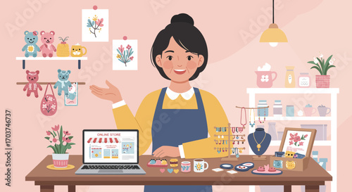 Smiling woman presents her online store with handcrafted jewelry and decorations on her desk. Concept for e-commerce platform, handmade craft business and digital entrepreneurship