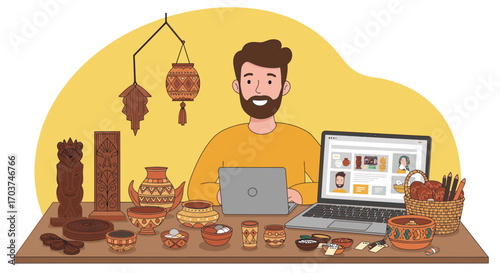 Man using a laptop surrounded by handmade ceramics, wooden crafts and hanging lanterns displayed on table. Concept for online art marketplace, cultural heritage and virtual tourism promotion