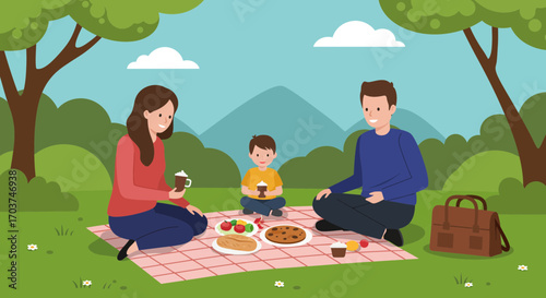 Family picnic illustration with food and drinks on blanket, enjoying quality time together in park, concept for family bonding, outdoor recreation and summer lifestyle illustration