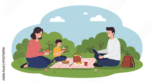 Happy family enjoying a picnic on blanket in park with food, drinks and laptop in flat illustration style, concept for family togetherness, outdoor activities and leisure time