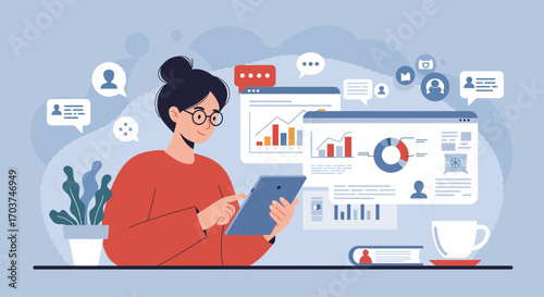Woman analyzes data on tablet with charts and graphs, surrounded by social media icons and information windows. Concept for business intelligence, social media strategy and data analytics platform
