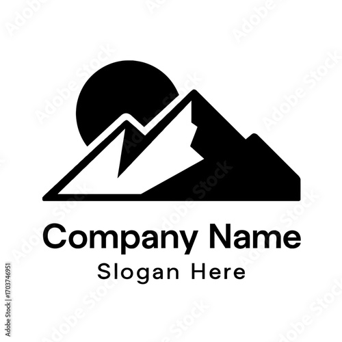 Striking black and white mountain peaks and sun logo design, perfect for outdoor adventure brands, nature-focused companies, travel agencies, and environmental initiatives seeking a powerful, memorabl