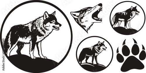 Wolf silhouette and head illustration set with paw print and circular icons, wilderness, strength, and wildlife spirit. Perfect for logos, tattoos, posters, and outdoor adventure branding.