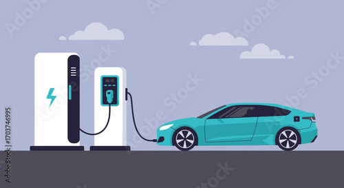 Turquoise electric car charging at a modern station under a cloudy sky. Concept for sustainable transportation, green energy solutions and environmental responsibility