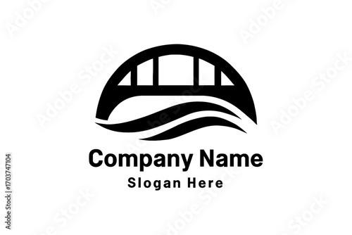 Modern black arch bridge logo design with elegant wavy lines symbolizing water, connectivity, and structural strength. This versatile vector graphic is perfect for companies in infrastructure, constru