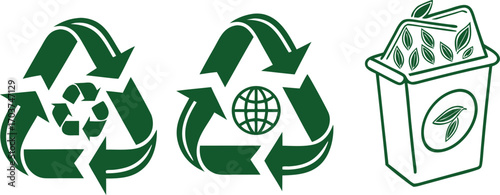 Recycling icons with green arrows, globe, and trash bin full of leaves. Sustainable waste management line art symbols for environment projects. Perfect vector design for  friendly concepts.