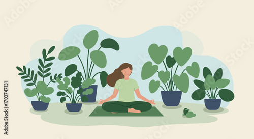 Woman meditating in lotus position surrounded by indoor plants on a green mat, concept for wellness content, relaxation background and mindfulness illustration
