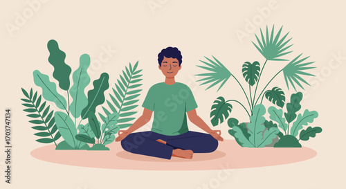 Man meditates in the lotus position surrounded by lush tropical foliage with eyes closed, concept for mindfulness practice, wellness retreat and healthy lifestyle promotion