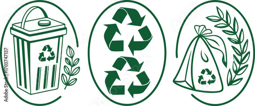 Eco friendly recycling icons set with trash bin, reusable bag, and green recycle arrows. Minimal line art waste management symbols for sustainability. Perfect vector design for environment projects.