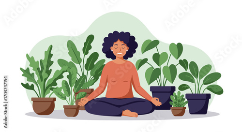 Woman meditating in lotus position surrounded by indoor plants with green backdrop. Concept for wellness lifestyle, stress reduction and mindful meditation practice