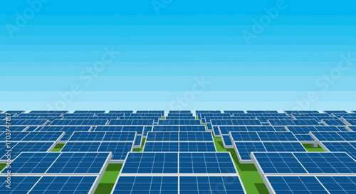 Array of blue solar panels aligned against a clear blue sky creating a vast field, concept for clean energy solutions, sustainable power generation and solar farm efficiency