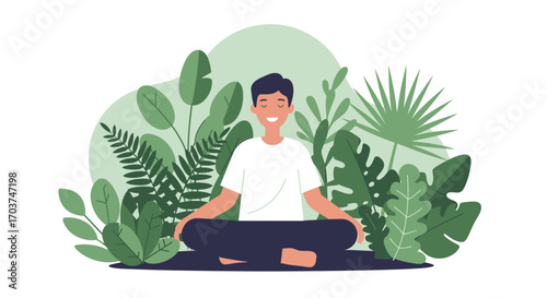 A smiling man meditates in the lotus position amidst tropical green plants and foliage, concept for stress relief, inner peace and relaxation and mindfulness promotion