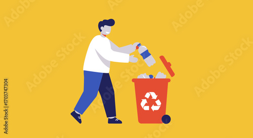Man throwing plastic bottle into recycle bin, colorful flat vector illustration. Concept for waste management education, environmental awareness and sustainable practices