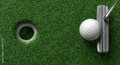 Golf ball and putter about to make a putt on a green