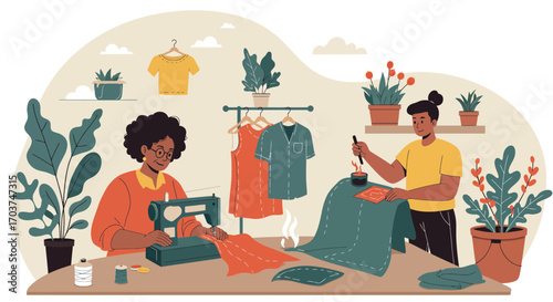 Two women in a sewing workshop with sewing machine and drawing pattern, indoor activities. concept for fashion design, dressmaking and creative art hobby