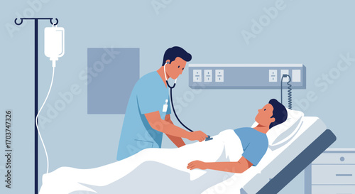 A doctor is listening to a patient's heartbeat with a stethoscope in a hospital room, concept for healthcare service, medical checkup and patient recovery program