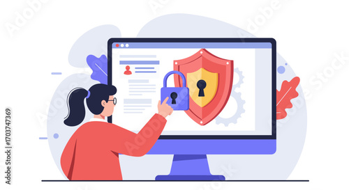 Illustration of a woman securing a computer with a padlock and shield as a protection, concept for data protection, cybersecurity and secure access to online accounts