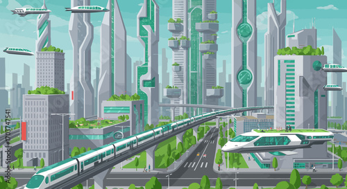 Green futuristic city with modern buildings, train and flying vehicles, showcasing innovative architecture and sustainable design, concept for urban planning, environmental technology
