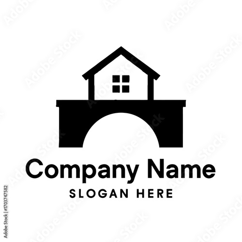 Elegant symbolic house-on-bridge logo design, perfect for real estate, property development, home construction & mortgage companies. Represents strong foundations, secure investments, community connec