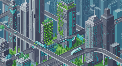 Isometric illustration of futuristic city with buildings and green spaces showcasing advanced transportation systems, concept for urban planning, sustainable development and technological advancement