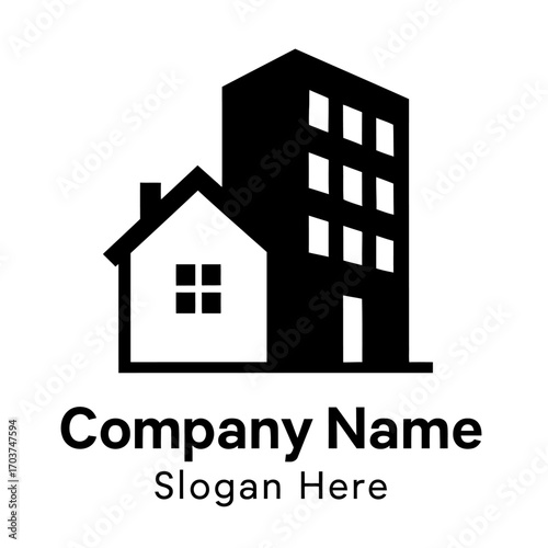 Modern Minimalist Black & White Logo Design Featuring a Stylized Residential House and a Multi-Story Commercial Building Silhouette, Ideal for Real Estate, Property Management, Construction, Urban Dev