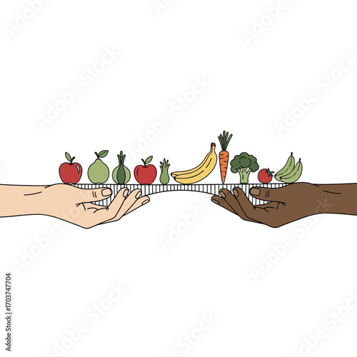 Concept of food sharing and community building with diverse hands holding a bridge of healthy fruits and vegetables
