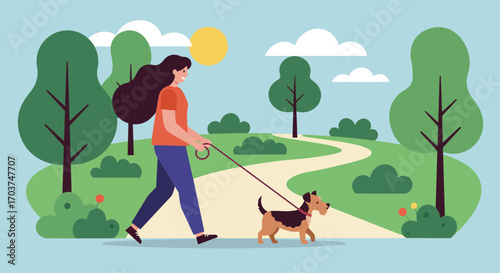A cheerful woman walking a cute terrier dog on a scenic park path, concept for promoting an active lifestyle, pet adoption campaign and outdoor recreation programs