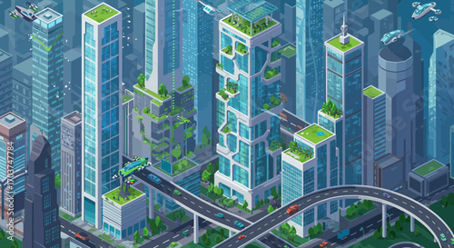 Isometric cityscape rendering with futuristic buildings, elevated roadways and flying vehicles, suggesting sustainable urban design. Concept for urban planning, green architecture and future