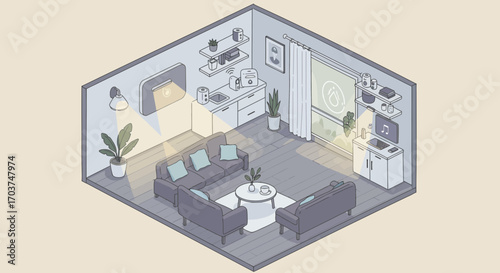Isometric view of a modern living room with sofas, shelves and electronic devices, soft colors, concept for interior design visualization, architectural rendering and apartment layout design