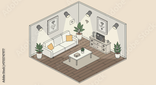 Isometric living room illustration with white sofa, TV console and houseplants creating cozy vibe in compact space. Concept for interior design visualization and home decor presentation