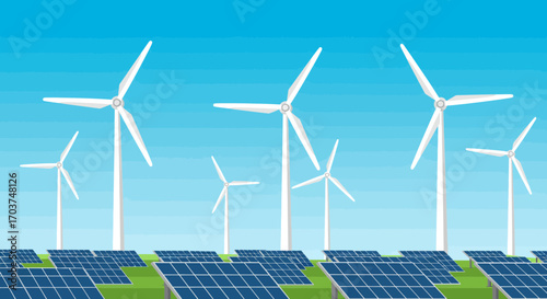 Array of wind turbines and solar panels under blue sky, clean energy background shows a sustainable energy concept for renewable resources, alternative power and environment preservation