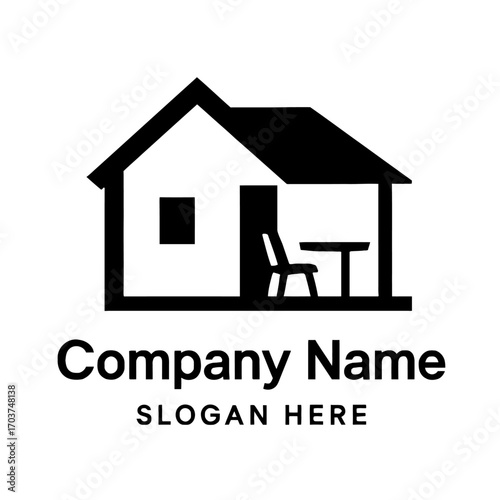 Minimalist black house icon with porch, table, chair, for real estate, vacation rentals, property management, architecture, home services, hospitality. Clean, modern design, comfort, shelter, welcome,