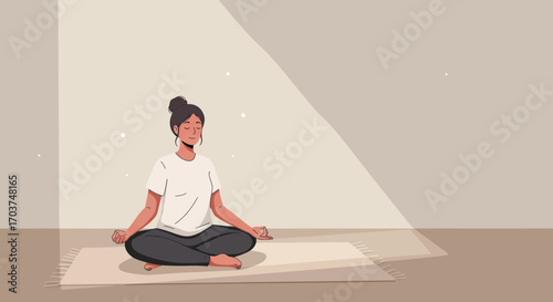 Illustration of a woman meditating in lotus position on a beige rug, serene atmosphere. Concept for mindfulness practice, stress reduction and promoting mental wellness