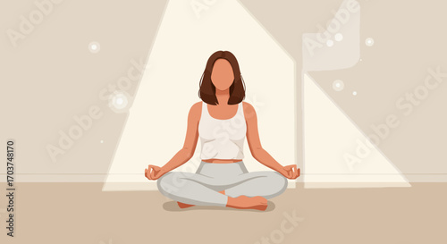 Faceless woman in white tank top meditating indoors in lotus position on floor, concept for wellness infographic, yoga tutorial and calm mindful lifestyle illustration