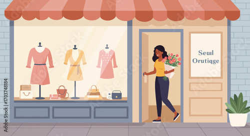 Woman enters a clothing boutique with dresses displayed in the window, holding flowers. Concept for local business promotion, retail design and spring fashion collection