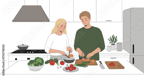 Young couple is preparing a meal in the kitchen together by cutting vegetables cheerfully and harmoniously, concept for healthy lifestyle, family time and culinary education
