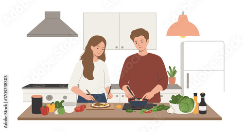 A couple cooking meal together in the kitchen with fresh vegetables and cookware, concept for healthy lifestyle, togetherness and recipe blog illustration
