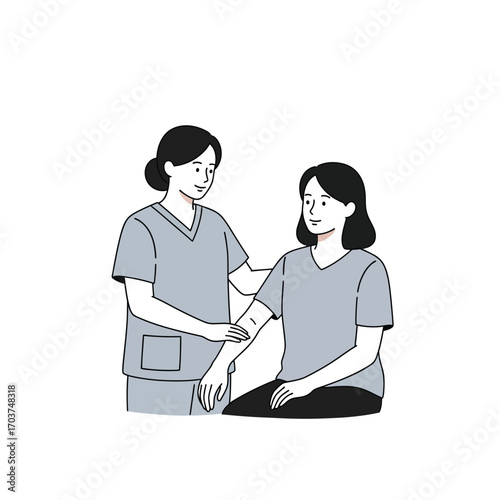 A compassionate female nurse provides gentle medical care and examination to a patient's arm in a simple, minimalist vector illustration