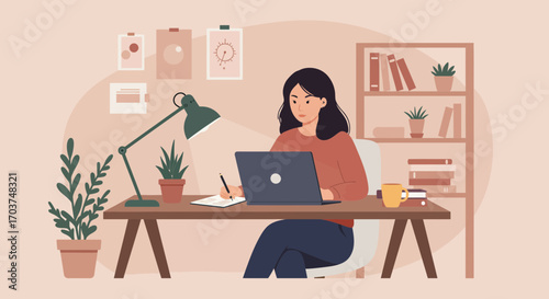 Illustrated woman working at a desk with laptop, taking notes in a cozy workspace setup. Concept for remote work, online education and freelance lifestyle
