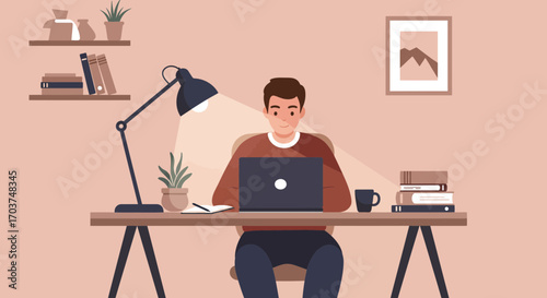 A man working from home using laptop at desk, with lamp, coffee and books, concept for remote work lifestyle, online learning platform and home office design ideas