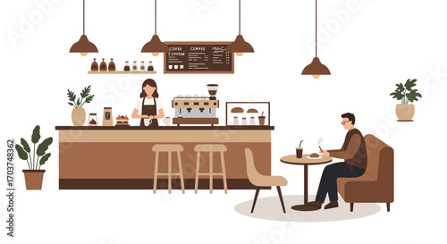 Cozy coffee shop interior with a barista serving behind the counter and a customer at a table. Concept for cafe promotion, business illustration and local community gathering