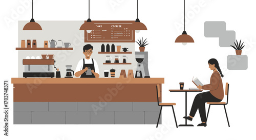 Illustration of a barista taking an order in a coffee shop with a woman reading, creating a cozy atmosphere. Concept for coffee shop promotion, local business marketing and cafe ambiance