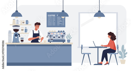 Barista in a coffee shop serving coffee, woman using laptop near window, clean and modern design, concept for coffee culture, modern lifestyle and local business support